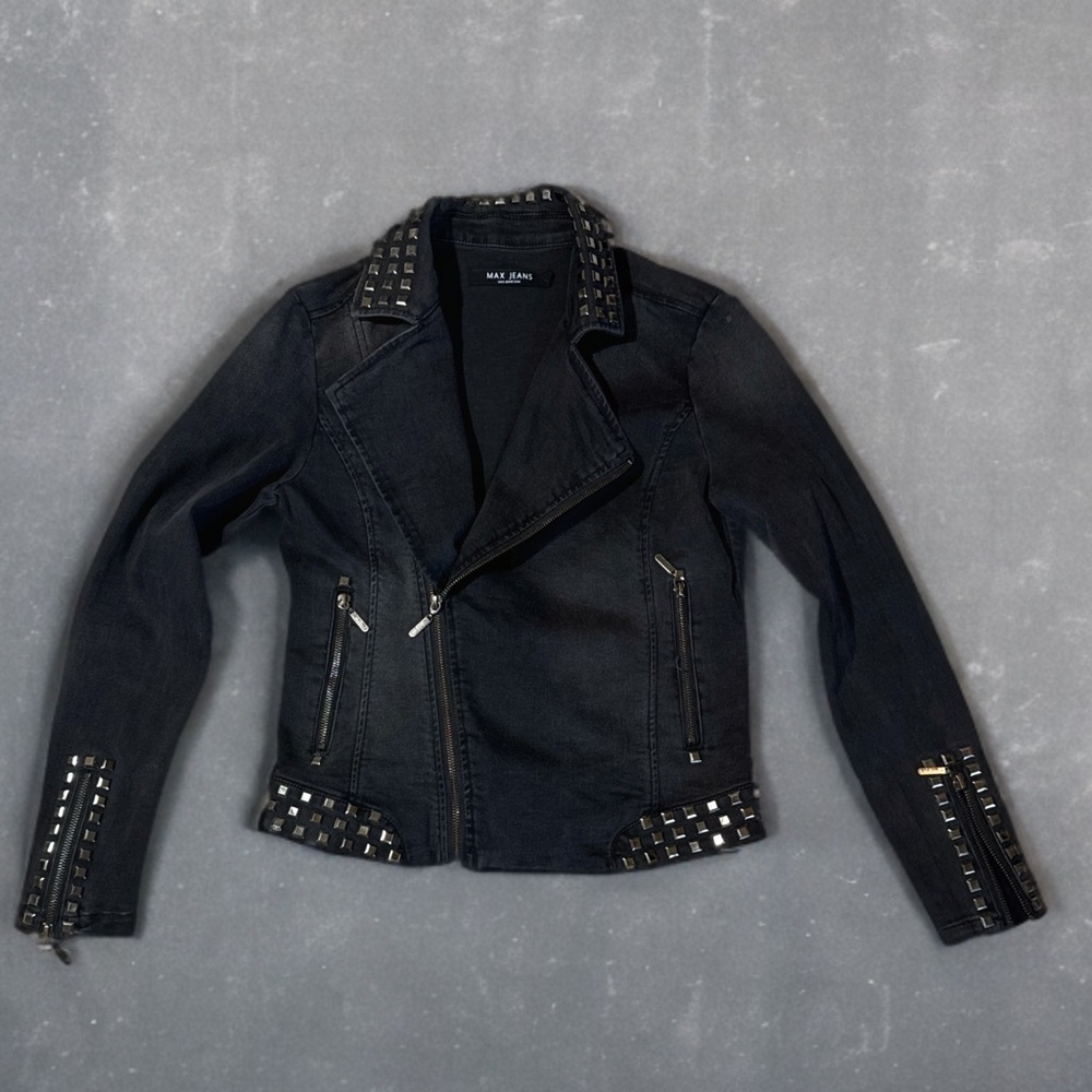 Max Jeans Black Denim Studded Biker Motorcycle Jacket XS - Picture 3 of 4